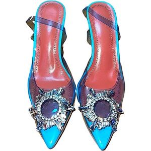 Blue Vinyl See Through Pointed Toe Crystal Heels NBW